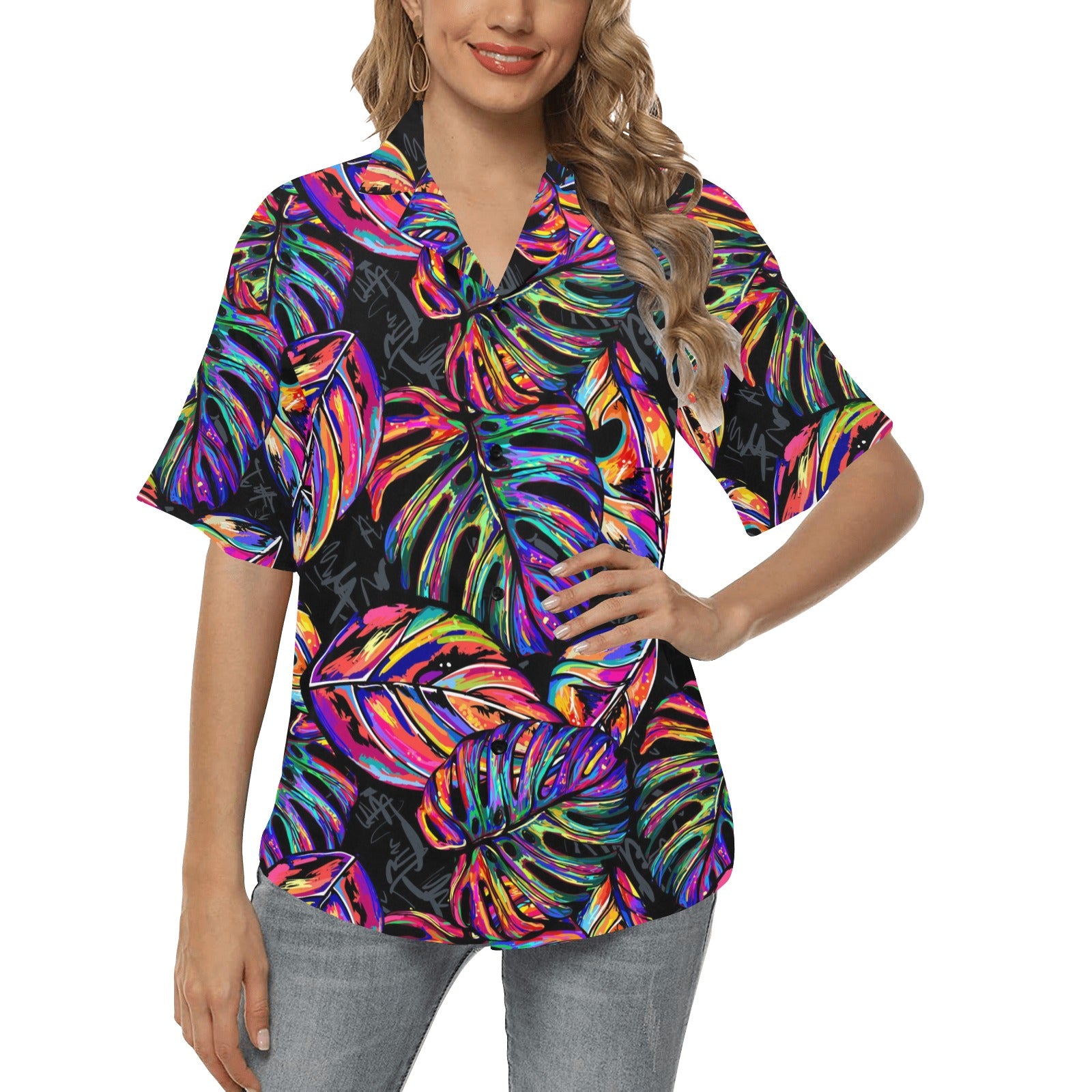 Neon Color Tropical Palm Leaves Women's Hawaiian Shirt