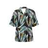 Gold Glitter Cyan Tropical Palm Leaves Women's Hawaiian Shirt