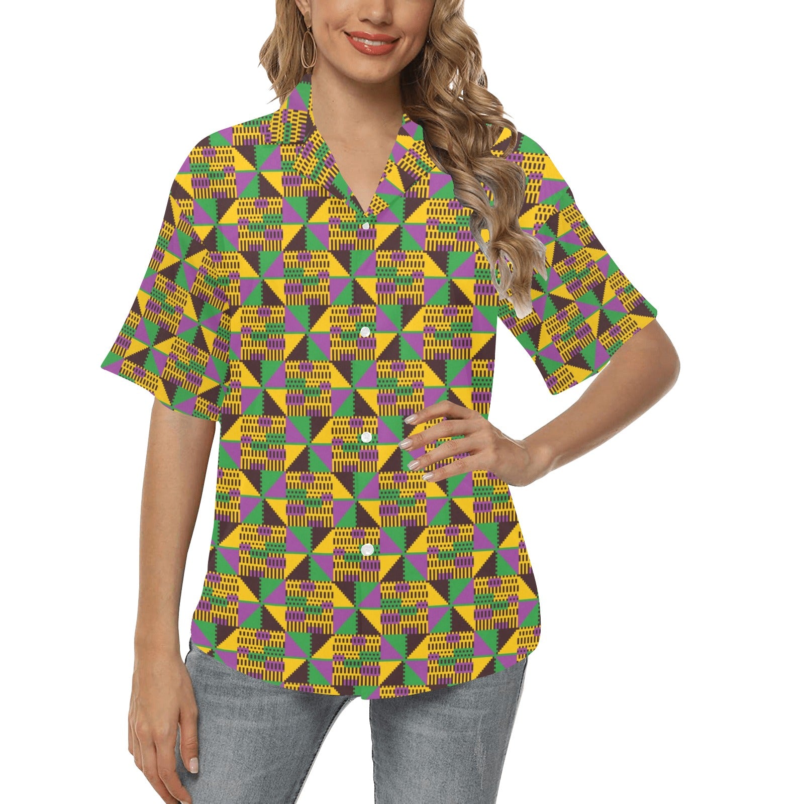 Kente Triangle Design African Print Women's Hawaiian Shirt