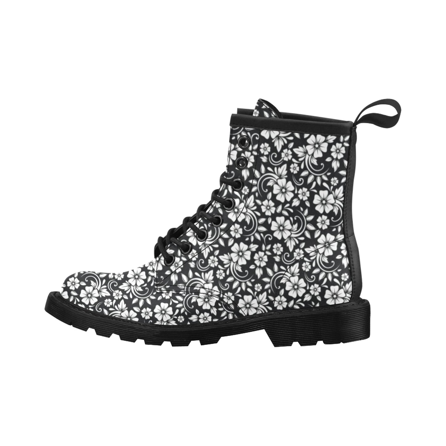 Floral Black White Themed Print Women's Boots