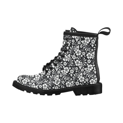 Floral Black White Themed Print Women's Boots
