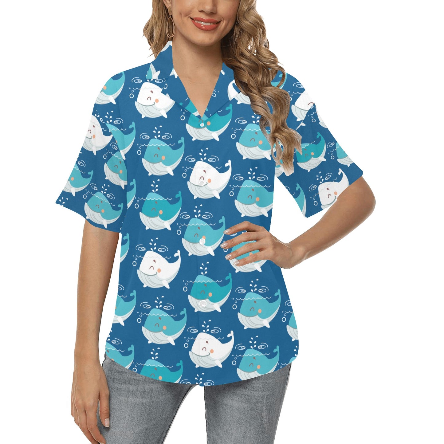 Blue Whale Pattern Print Design 01 Women's Hawaiian Shirt