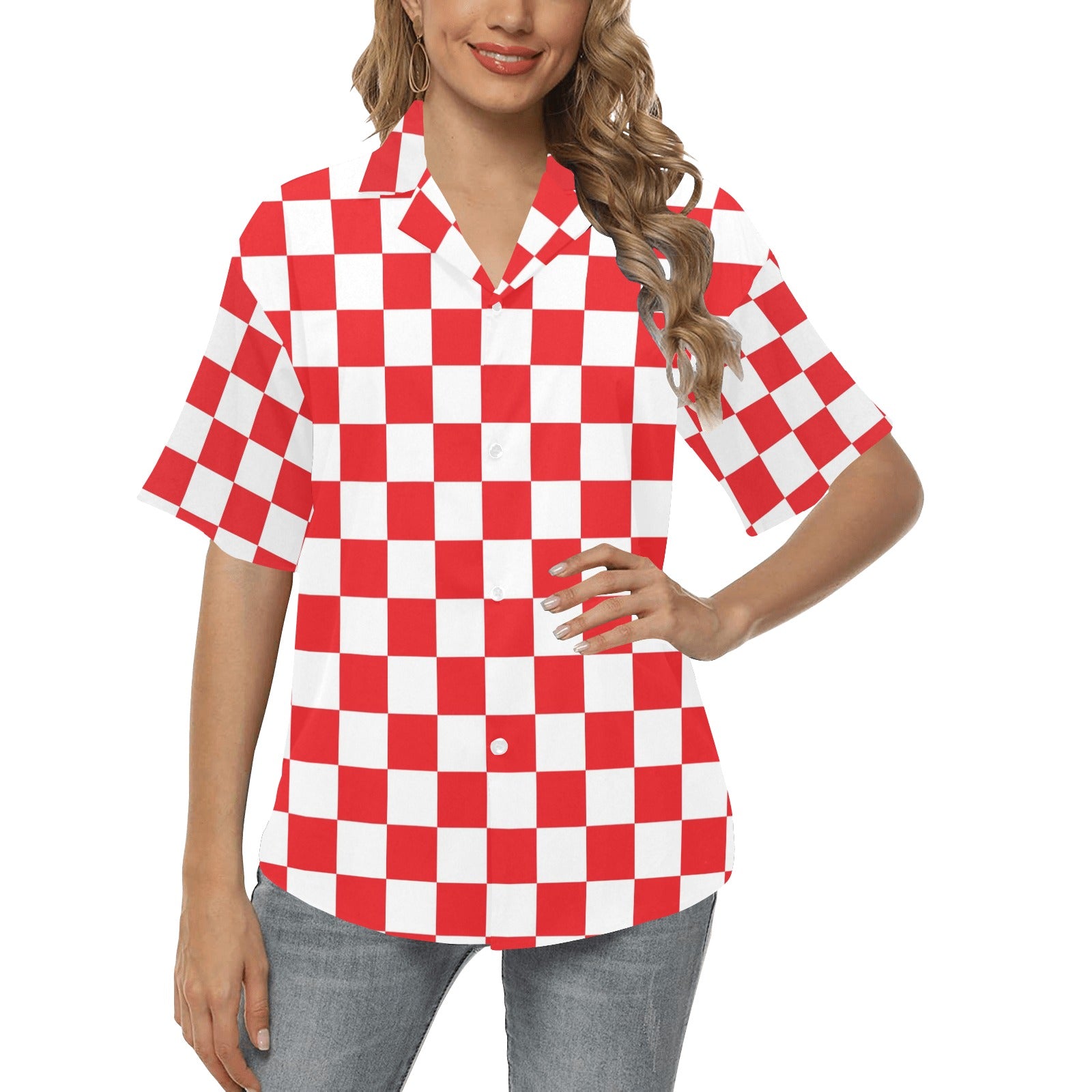 Checkered Red Pattern Print Design 04 Women's Hawaiian Shirt