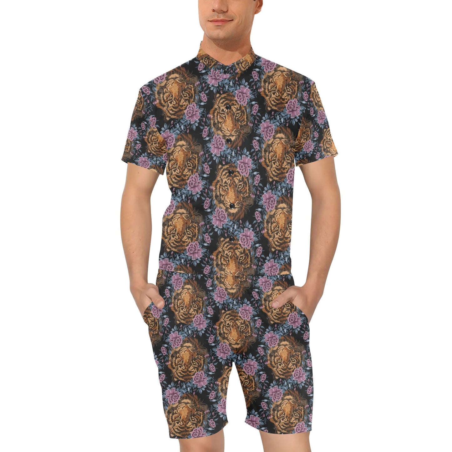 Tiger Head Floral Men's Romper