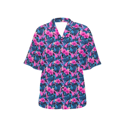 Tropical Folower Pink Themed Print Women's Hawaiian Shirt