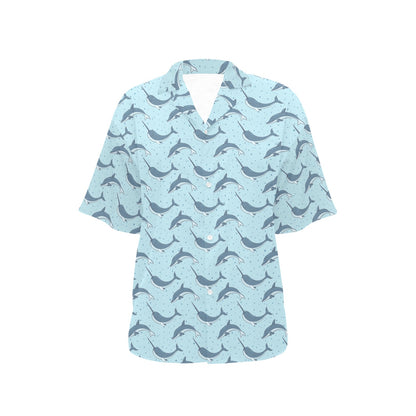 Narwhal Dolphin Print Women's Hawaiian Shirt