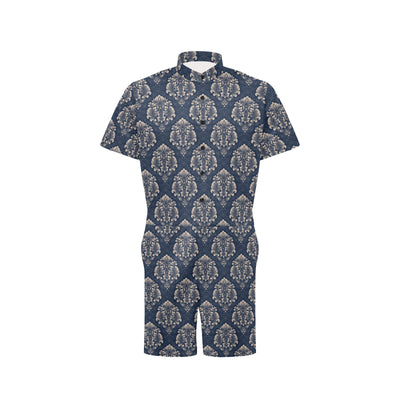 Damask Blue Luxury Print Pattern Men's Romper