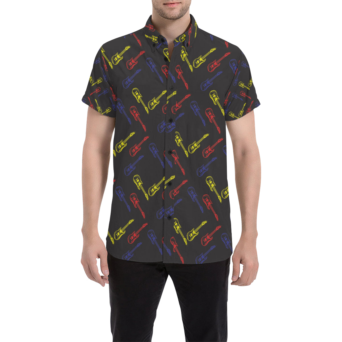 Electric Guitar Pattern Print Design 03 Men's Short Sleeve Button Up Shirt