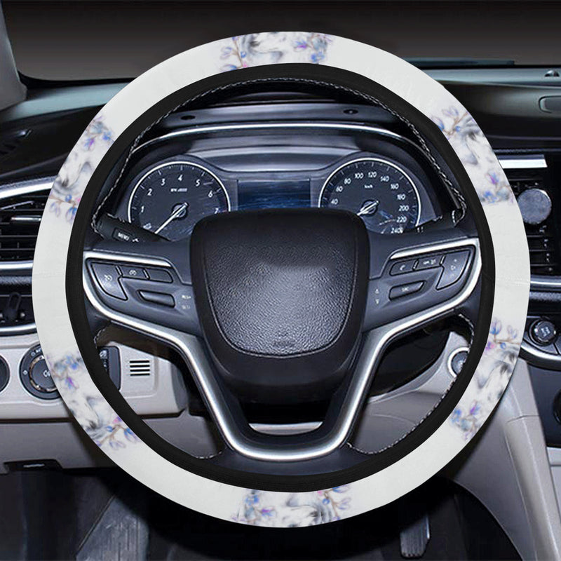 Wolf with Flower Print Design Steering Wheel Cover with Elastic Edge