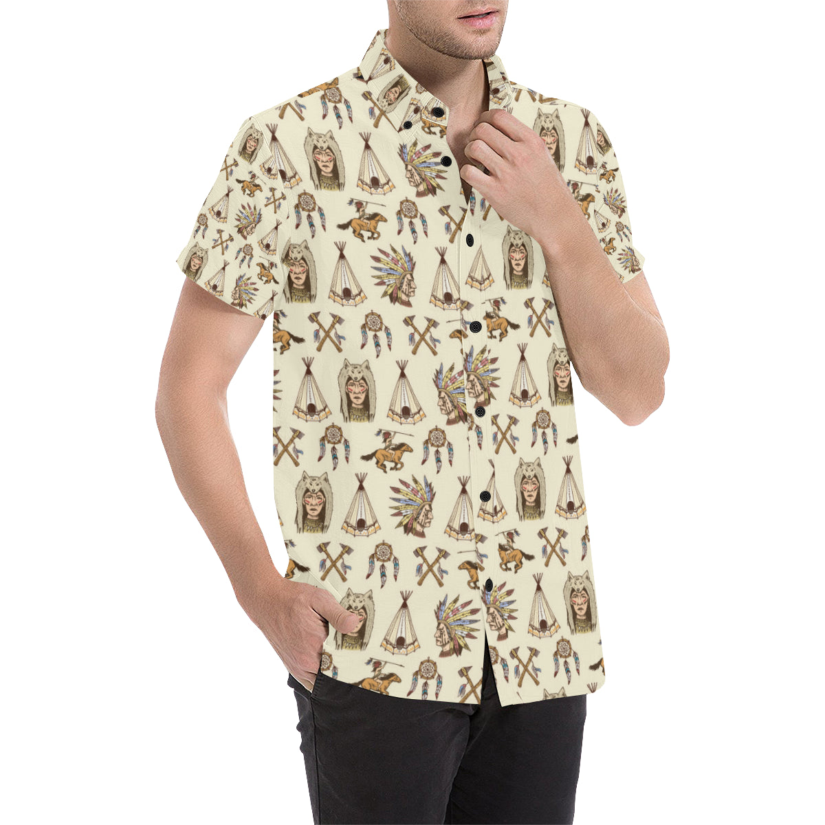 Native Indian Pattern Design Print Men's Short Sleeve Button Up Shirt