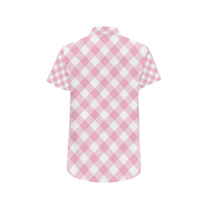 Gingham Pink Pattern Print Design 02 Men's Short Sleeve Button Up Shirt