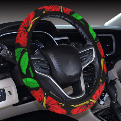 Red Hibiscus Embroidered Pattern Print Design HB03 Steering Wheel Cover with Elastic Edge