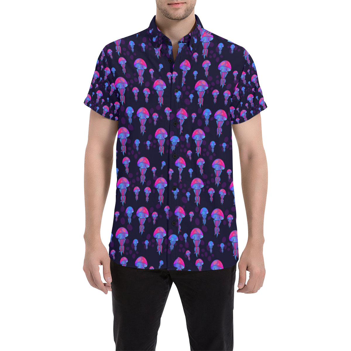 Jellyfish Neon Print Men's Short Sleeve Button Up Shirt