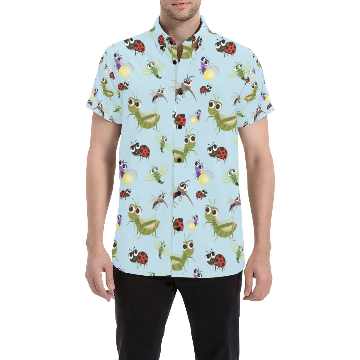 Ladybug Pattern Print Design 01 Men's Short Sleeve Button Up Shirt