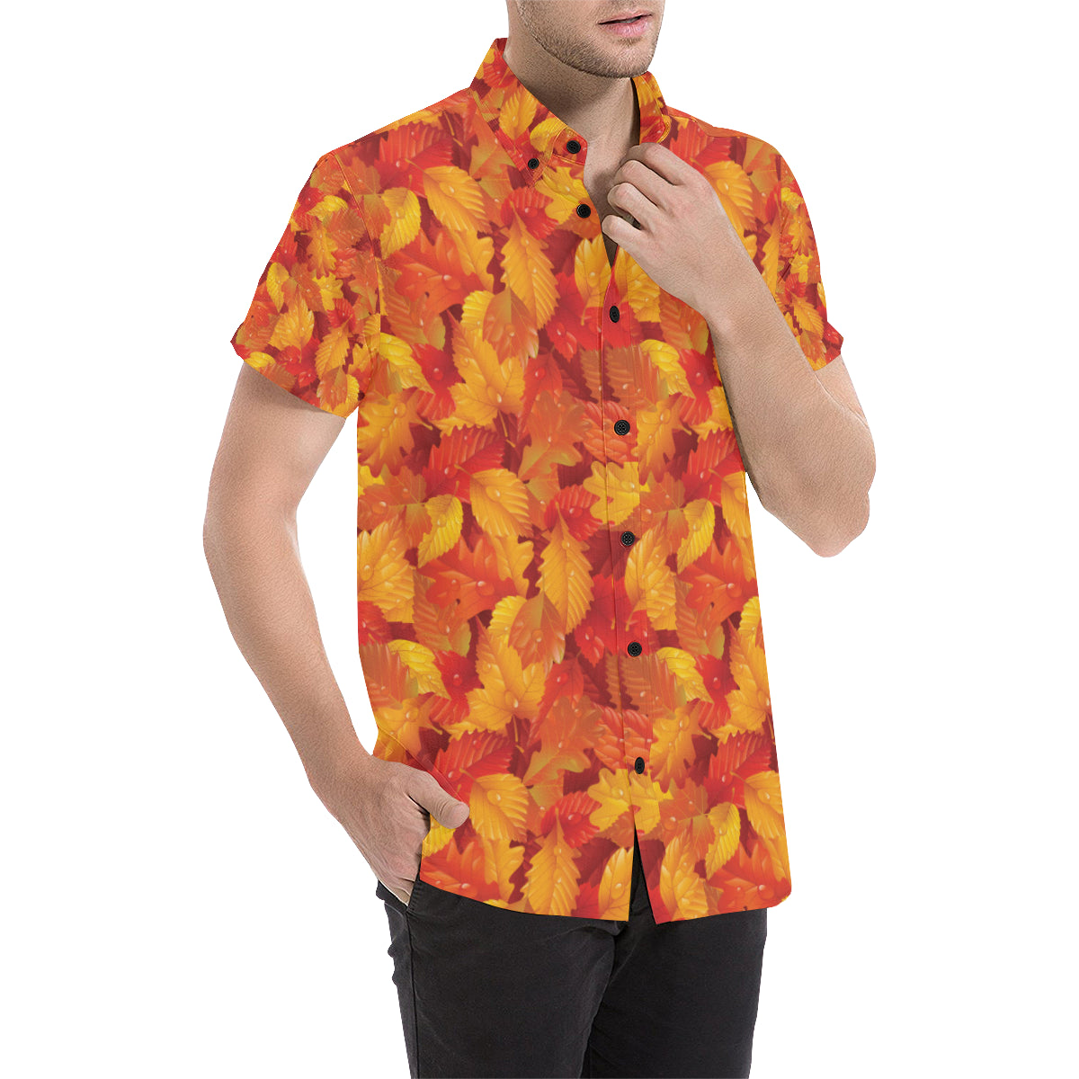 Elm Leave Autum Print Pattern Men's Short Sleeve Button Up Shirt