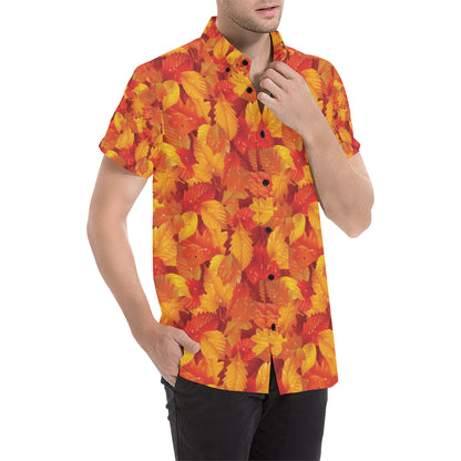 Elm Leave Autum Print Pattern Men's Short Sleeve Button Up Shirt
