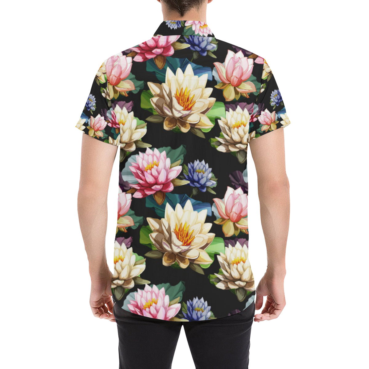 Water Lily Pattern Print Design WL02 Men's Short Sleeve Button Up Shirt