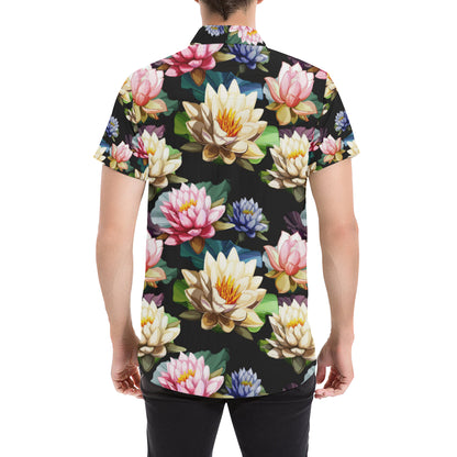 Water Lily Pattern Print Design WL02 Men's Short Sleeve Button Up Shirt