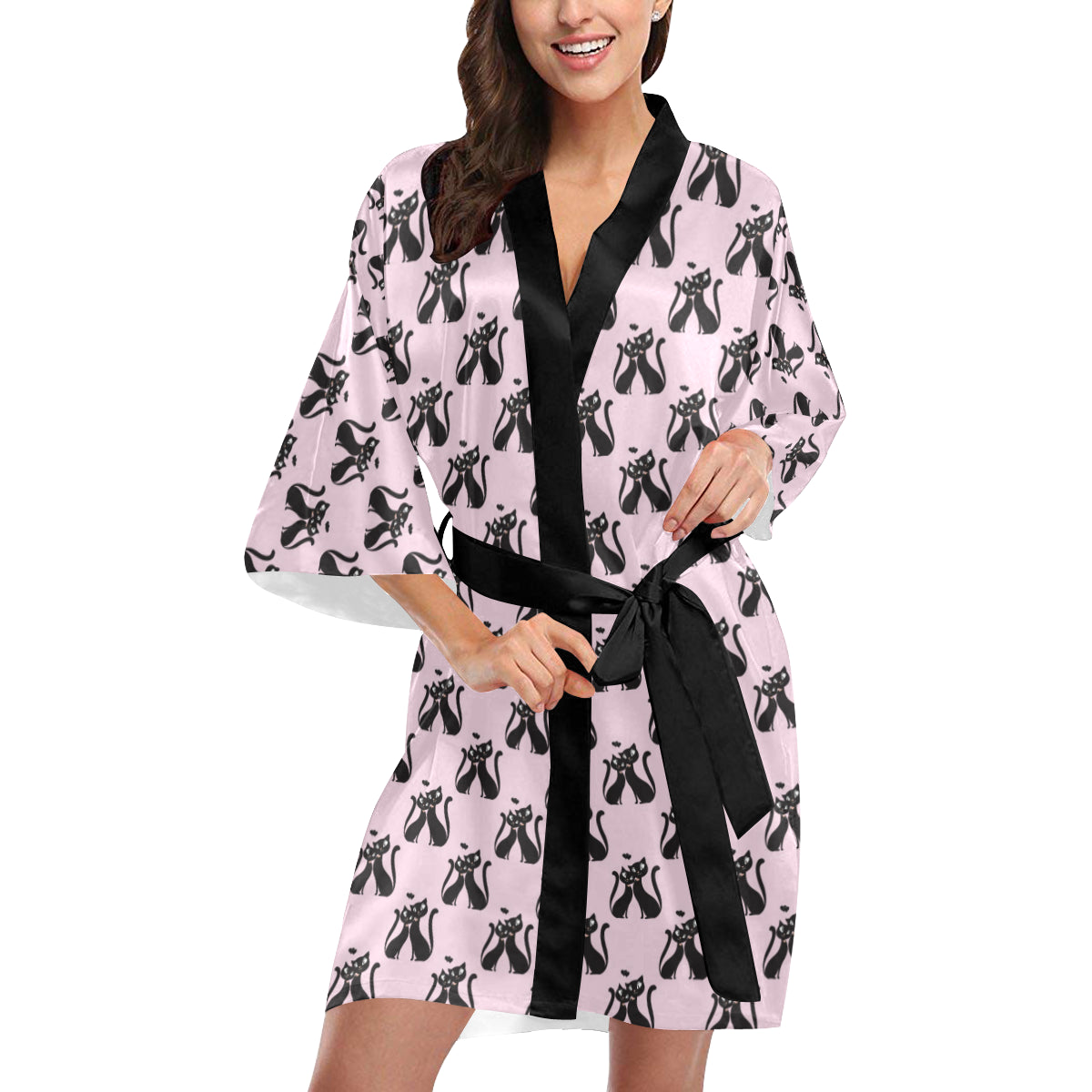 Black Cat Pattern Print Design 01 Women's Short Kimono