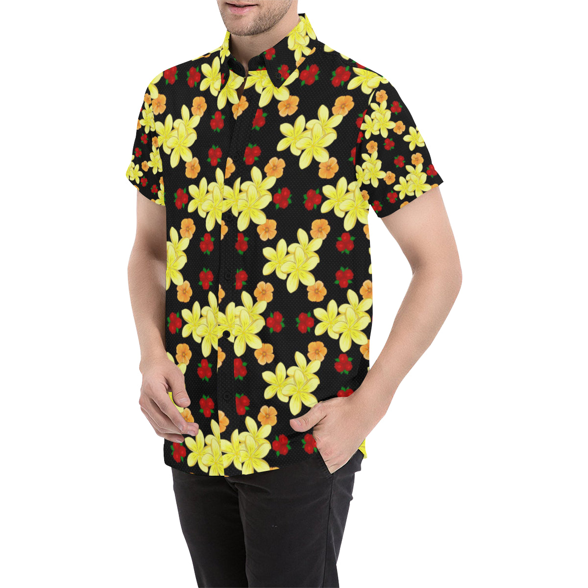 Yellow Plumeria Pattern Print Design PM04 Men's Short Sleeve Button Up Shirt
