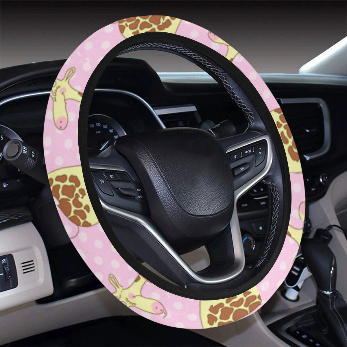 Giraffe Cute Pink Polka Dot Print Steering Wheel Cover with Elastic Edge