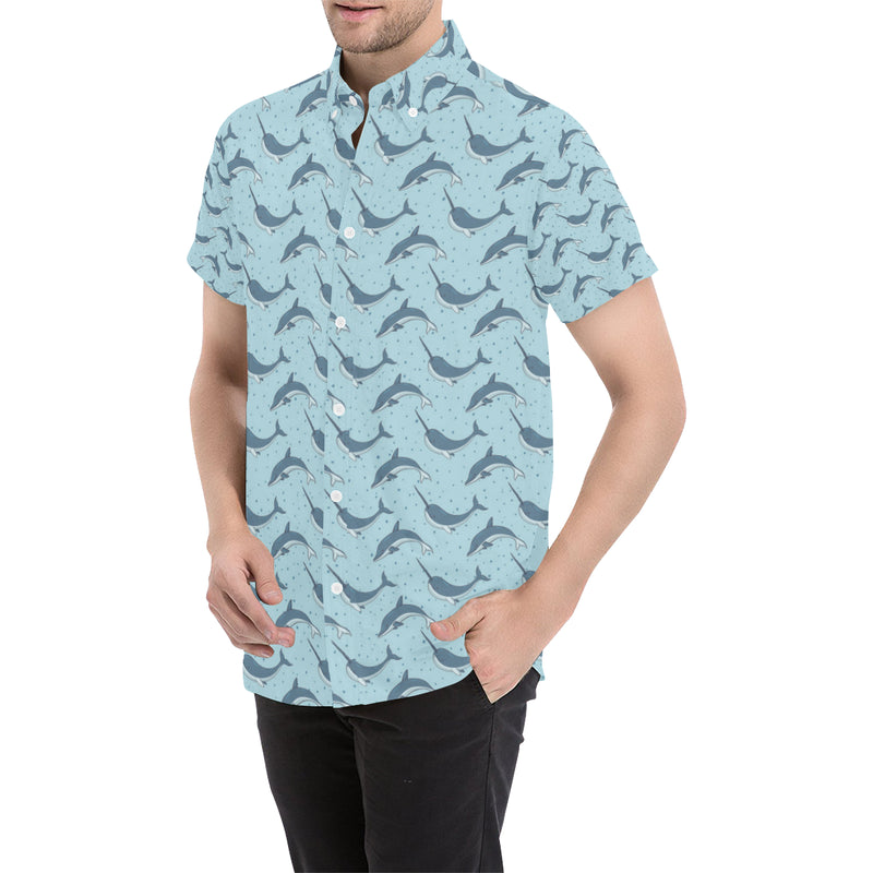 Narwhal Dolphin Print Men's Short Sleeve Button Up Shirt