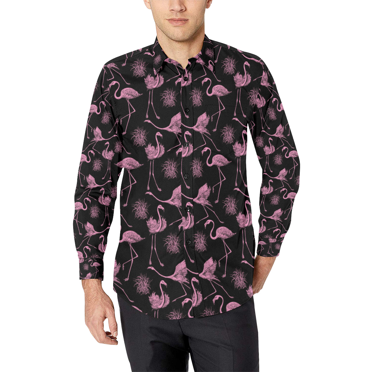 Flamingo Pink Print Pattern Men's Long Sleeve Shirt