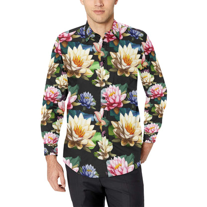 Water Lily Pattern Print Design WL02 Men's Long Sleeve Shirt