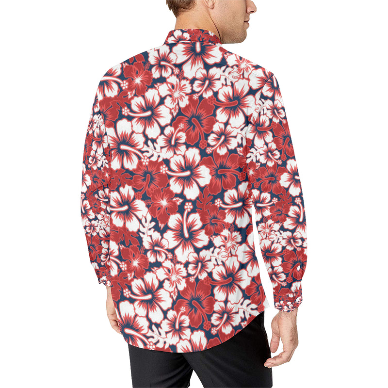 Red Hibiscus Pattern Print Design HB01 Men's Long Sleeve Shirt