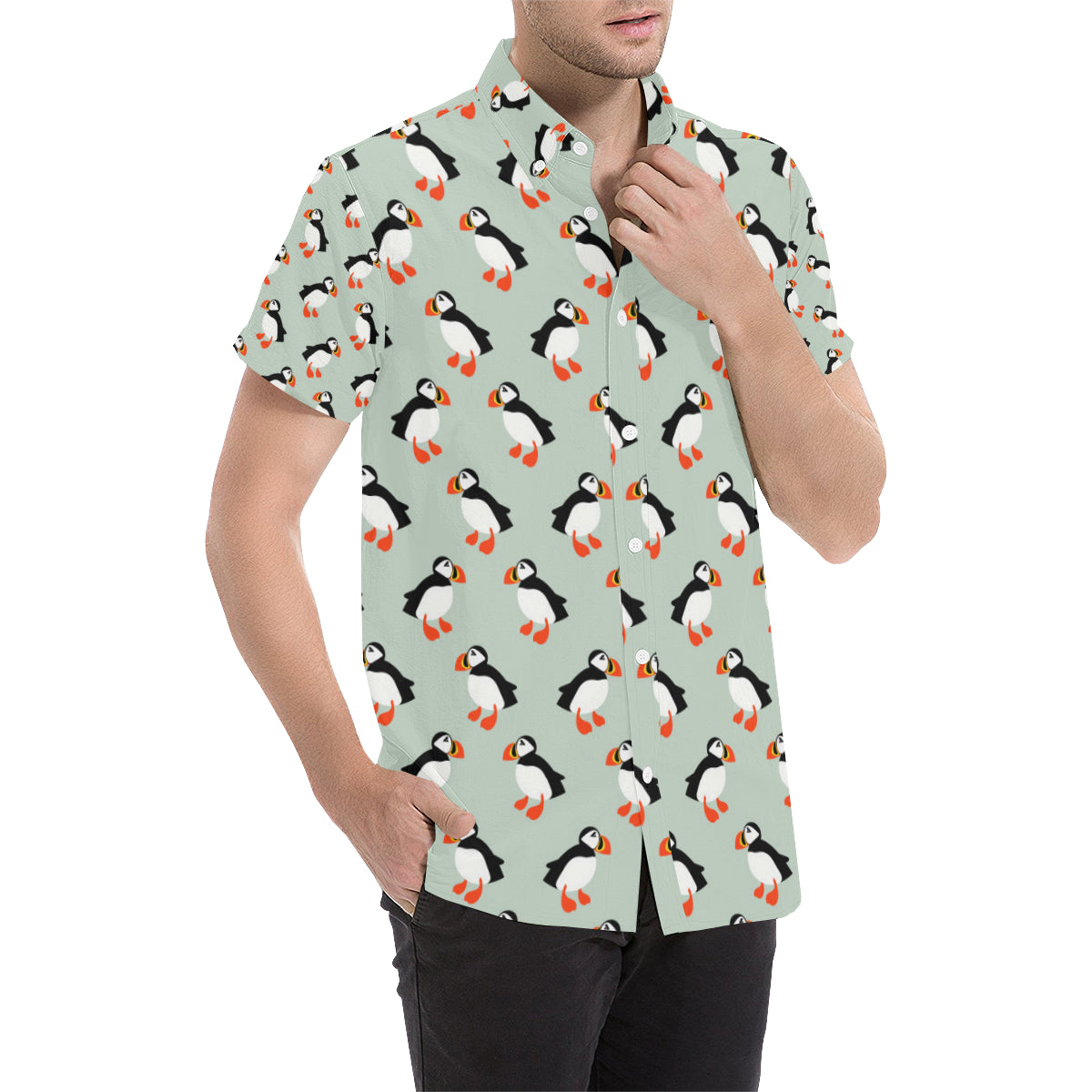 Puffin Pattern Print Design A03 Men's Short Sleeve Button Up Shirt