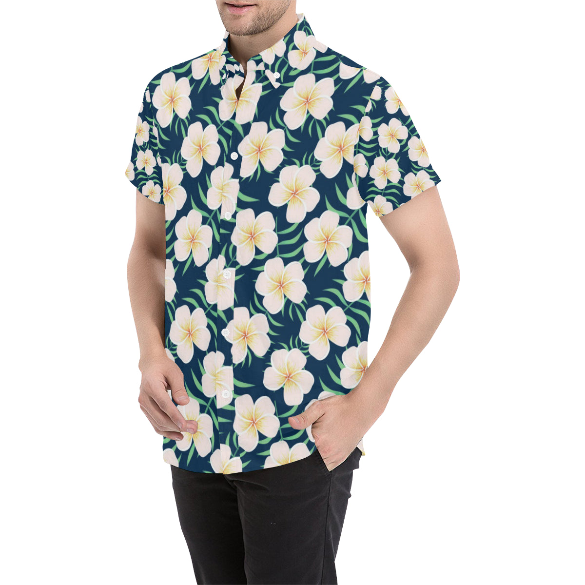 Pink Plumeria Pattern Print Design PM016 Men's Short Sleeve Button Up Shirt
