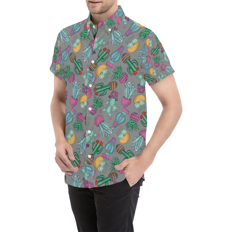 Cactus Colorful Print Pattern Men's Short Sleeve Button Up Shirt