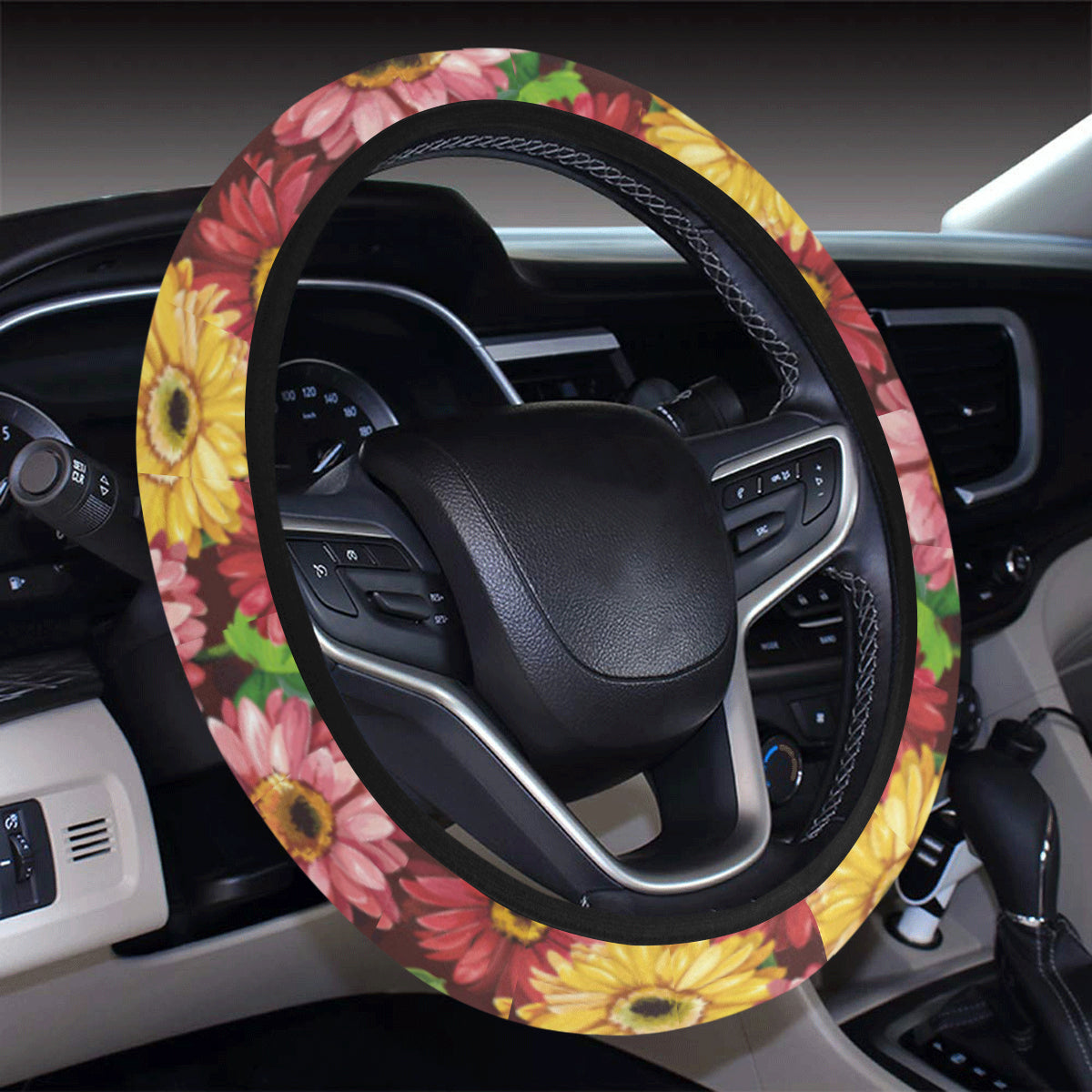 Daisy Gerbera Print Pattern Steering Wheel Cover with Elastic Edge