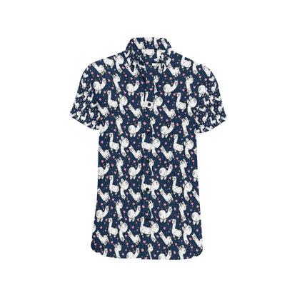 Alpaca Heart Star Design Themed Print Men's Short Sleeve Button Up Shirt