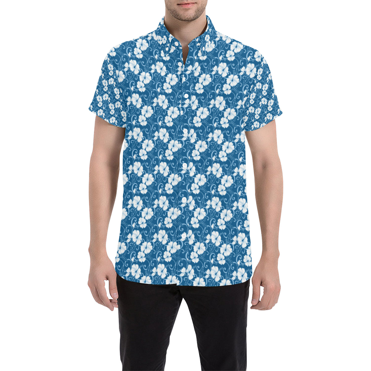 Hibiscus Blue Flower Hawaiian Print Men's Short Sleeve Button Up Shirt