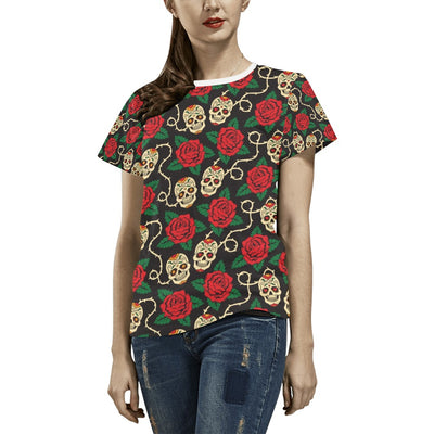 Sugar Skull Red Rose Print Design LKS301 Women's  T-shirt