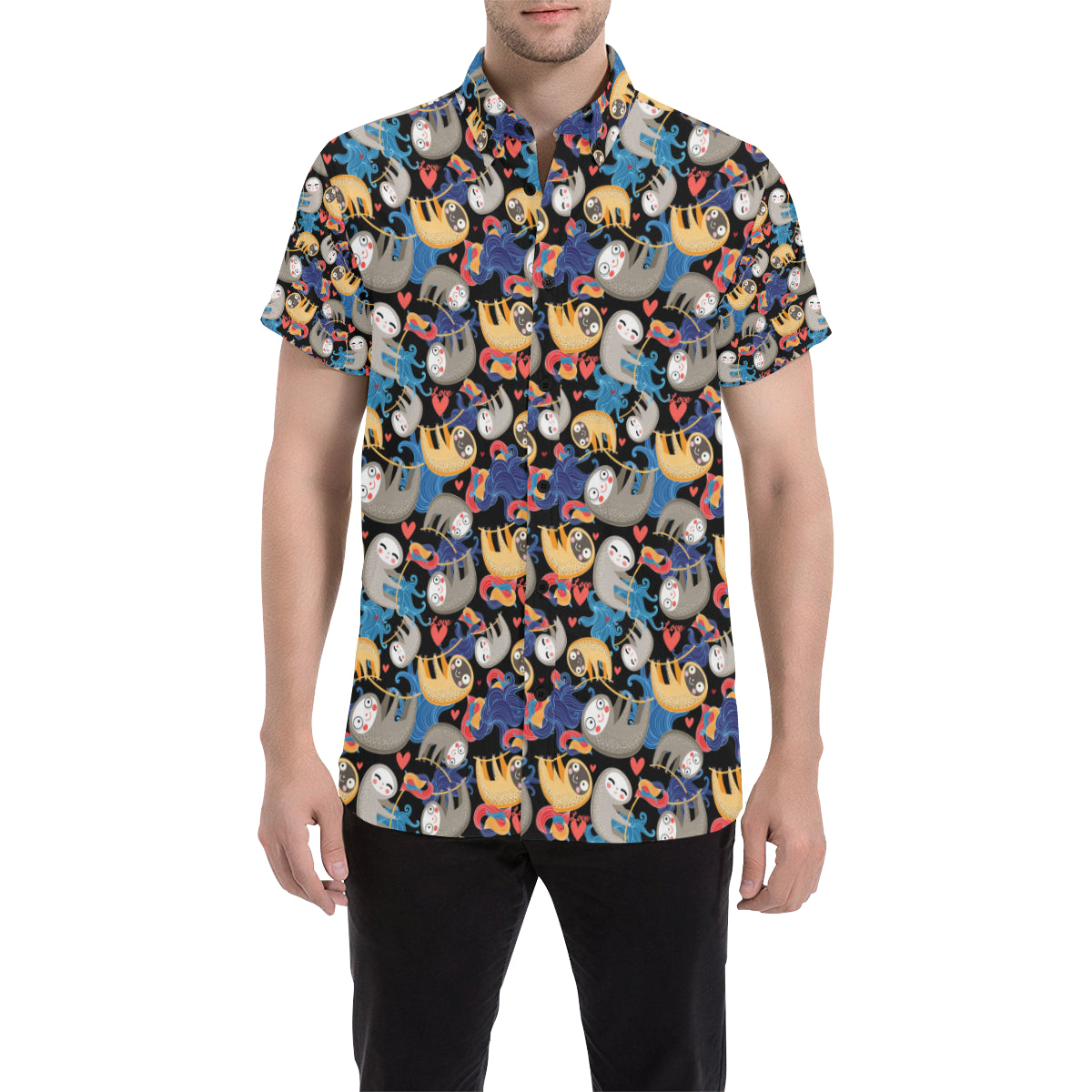 Sloth Cartoon Design Themed Print Men's Short Sleeve Button Up Shirt