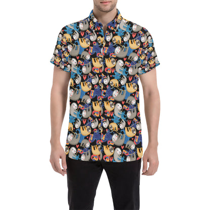 Sloth Cartoon Design Themed Print Men's Short Sleeve Button Up Shirt
