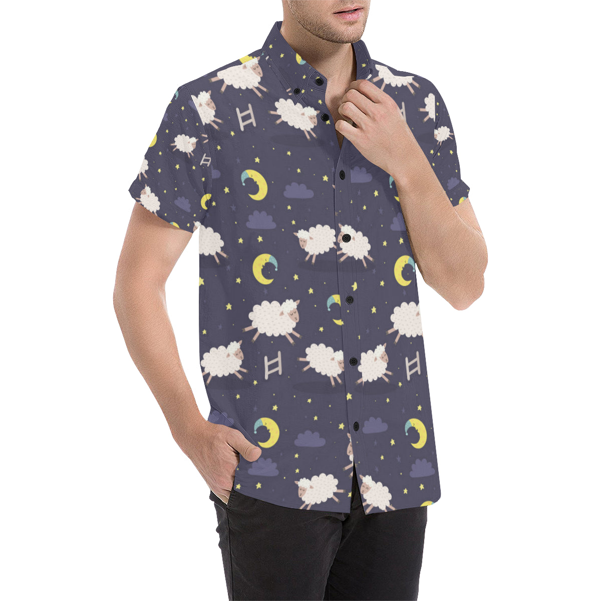 Sheep Night Pattern Print Design 02 Men's Short Sleeve Button Up Shirt