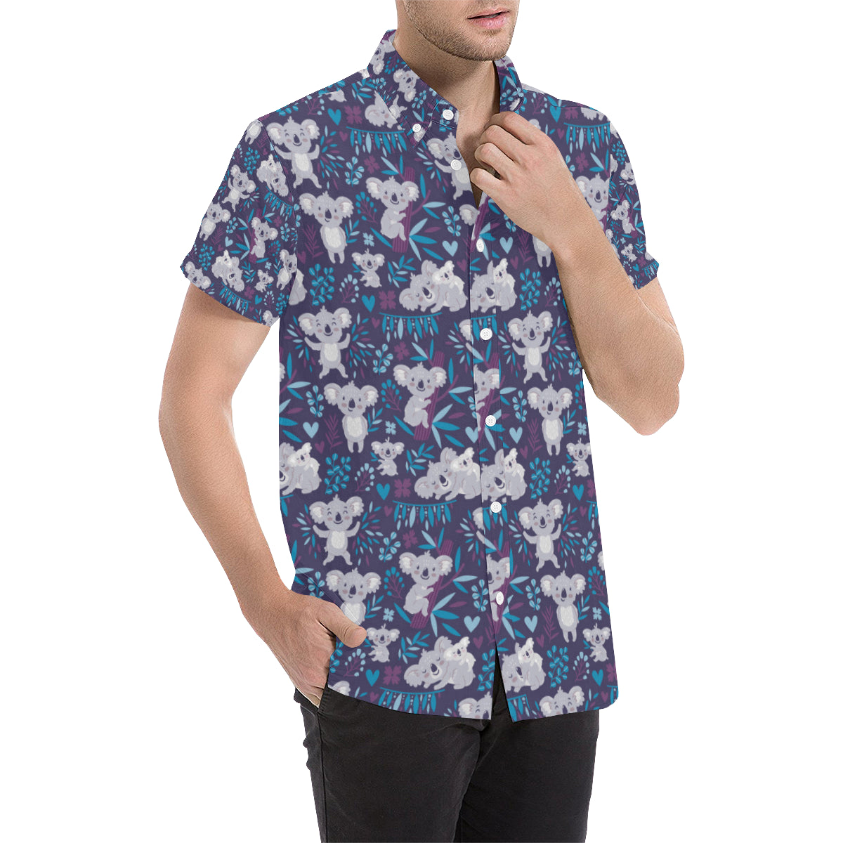 Koala Cute Themed Design Print Men's Short Sleeve Button Up Shirt