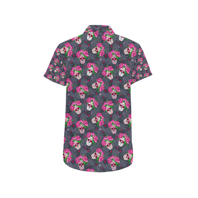 Sugar Skull Pink Rose Themed Print Men's Short Sleeve Button Up Shirt