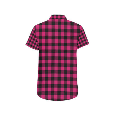 Pink Tartan Plaid Pattern Men's Short Sleeve Button Up Shirt