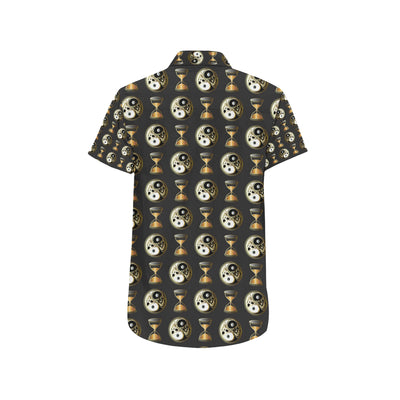 Yin Yang Skull Themed Design Print Men's Short Sleeve Button Up Shirt