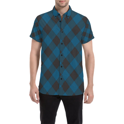 Plaid Blue Pattern Print Design A04 Men's Short Sleeve Button Up Shirt