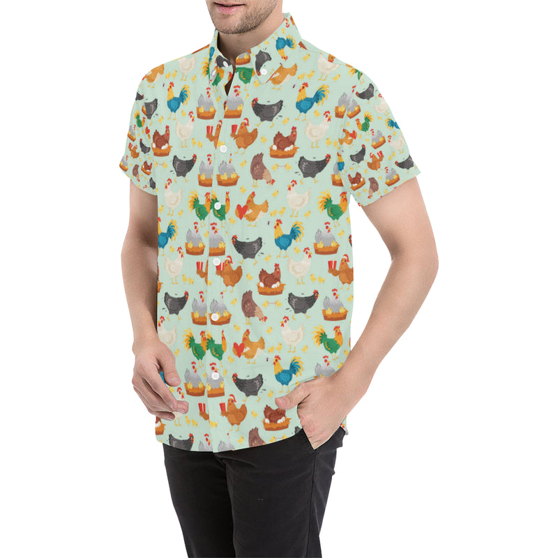 Chicken Pattern Print Design 07 Men's Short Sleeve Button Up Shirt