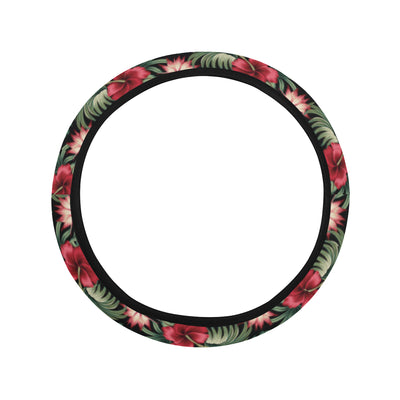 Flower Hawaiian Red Hibiscus Design Print Steering Wheel Cover with Elastic Edge