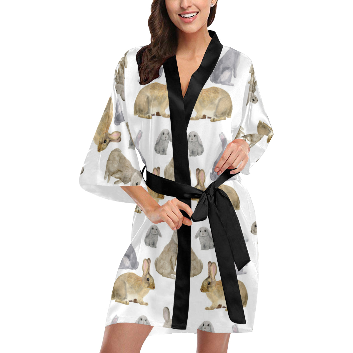 Rabbit Pattern Print Design 02 Women's Short Kimono