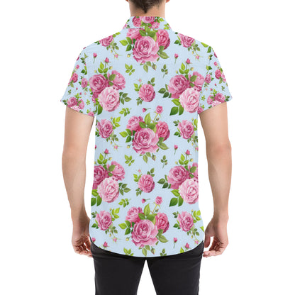 Rose Pink Pattern Print Design RO08 Men's Short Sleeve Button Up Shirt