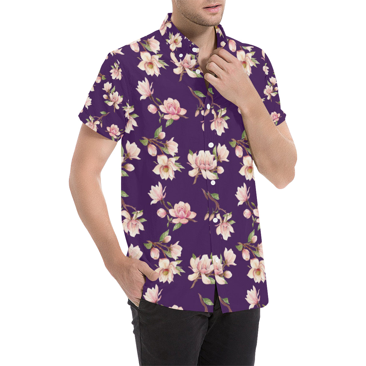 Magnolia Pattern Print Design MAG02 Men's Short Sleeve Button Up Shirt