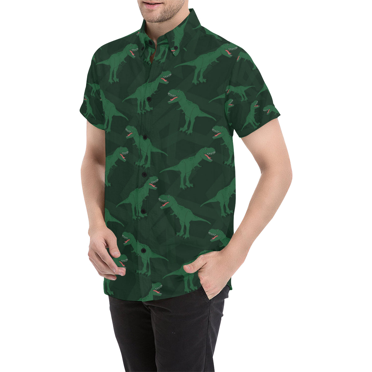 T Rex Pattern Print Design A06 Men's Short Sleeve Button Up Shirt